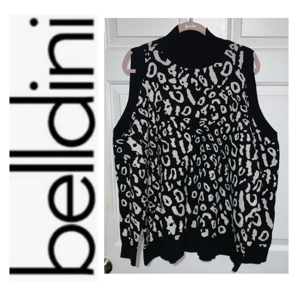 🥶 BELLDINI Black White Abstract Print Cold Shoulder Sweater NWT 3X